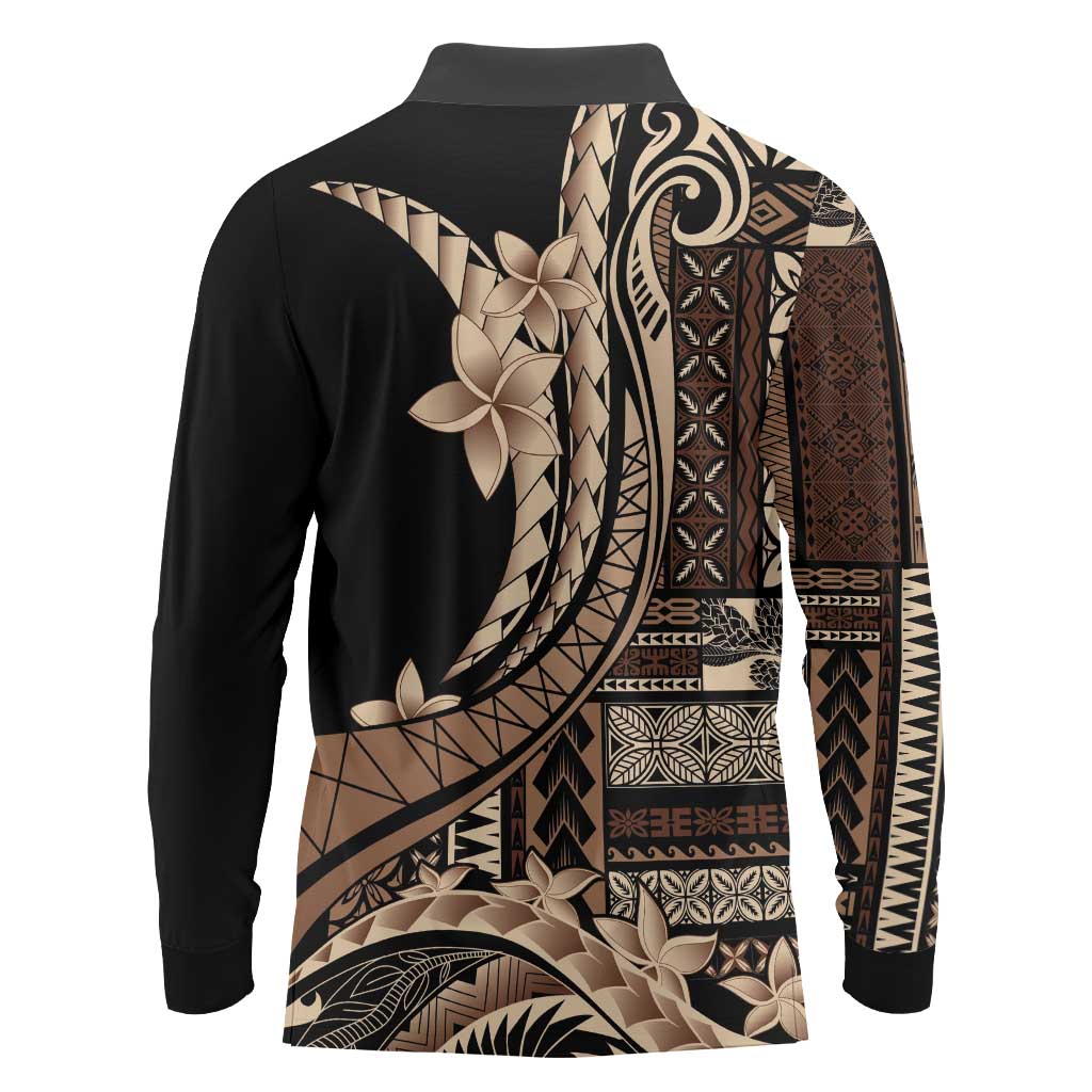 Samoa Siapo Mamanu Long Sleeve Polo Shirt Plumeria Black Motifs LT7 - Polynesian Pride