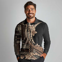 Samoa Siapo Mamanu Long Sleeve Polo Shirt Plumeria Black Motifs LT7 - Polynesian Pride