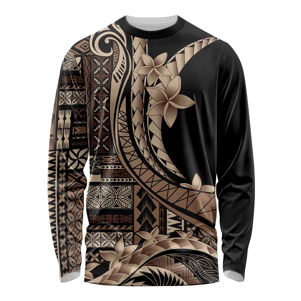 Samoa Siapo Mamanu Long Sleeve Shirt Plumeria Black Motifs LT7 Unisex Black - Polynesian Pride