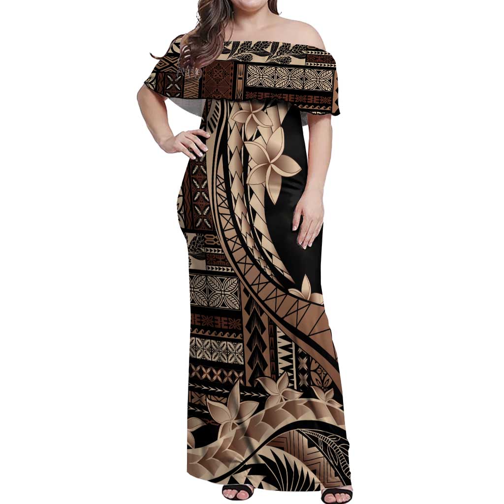 Samoa Siapo Mamanu Off Shoulder Maxi Dress Plumeria Black Motifs LT7 Women Black - Polynesian Pride