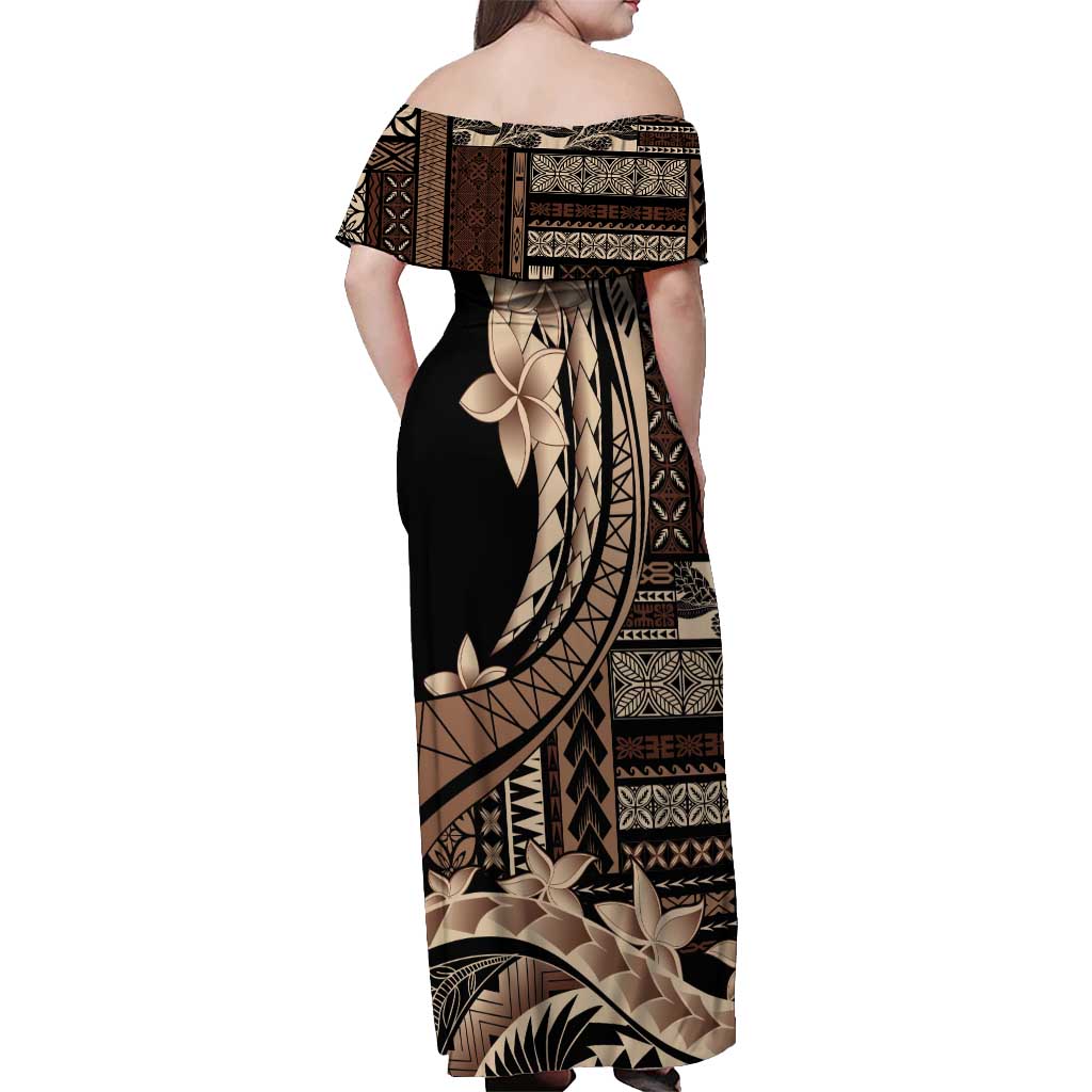 Samoa Siapo Mamanu Off Shoulder Maxi Dress Plumeria Black Motifs LT7 - Polynesian Pride