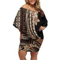 Samoa Siapo Mamanu Off Shoulder Short Dress Plumeria Black Motifs LT7 Women Black - Polynesian Pride