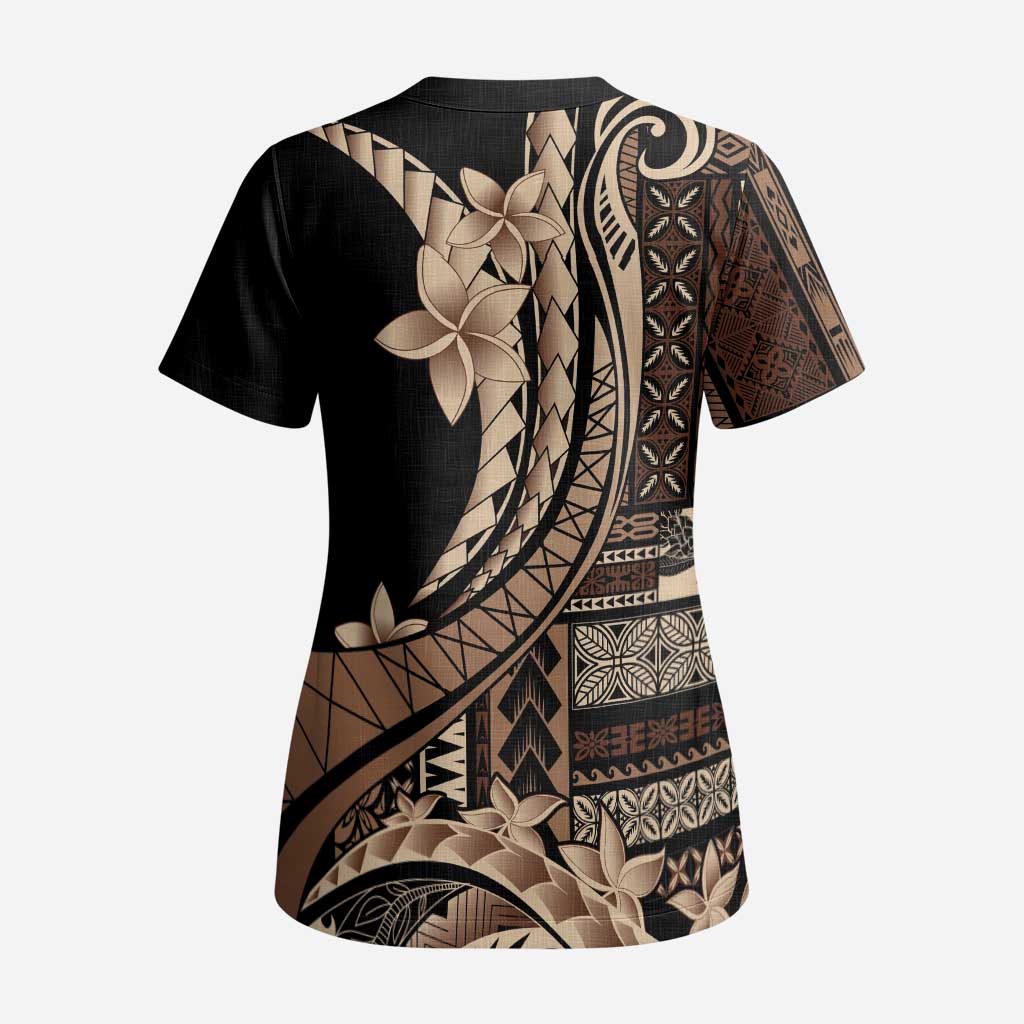 Samoa Siapo Mamanu Scrub Top Plumeria Black Motifs LT7 - Polynesian Pride