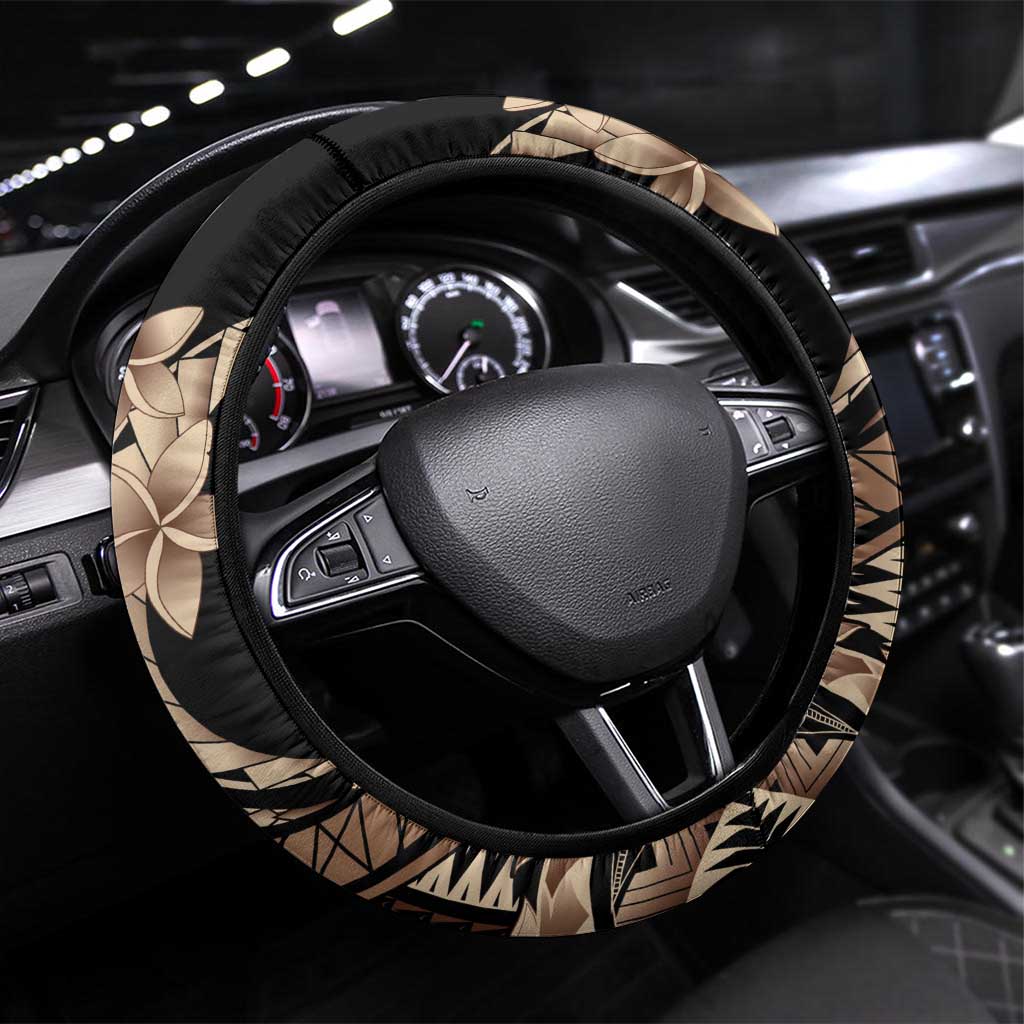 Samoa Siapo Mamanu Steering Wheel Cover Plumeria Black Motifs LT7 Universal Fit Black - Polynesian Pride