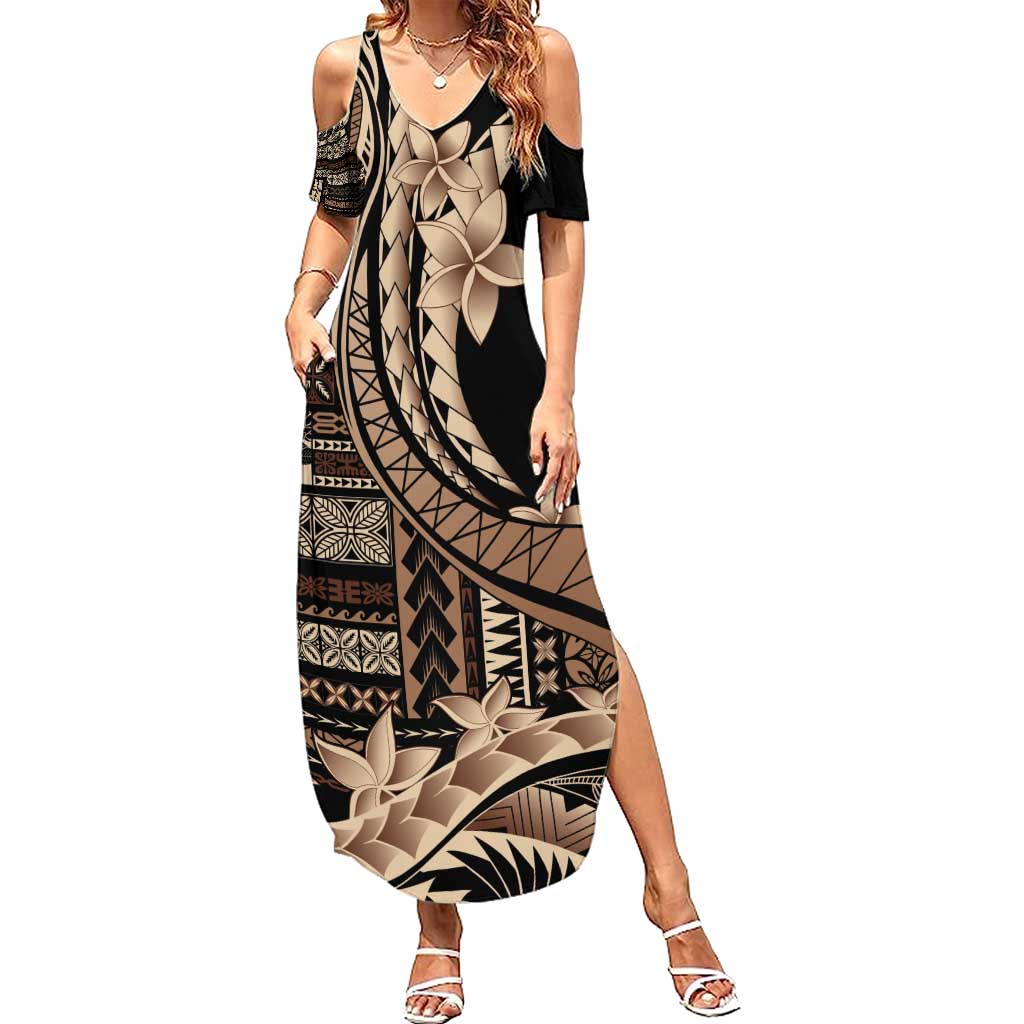 Samoa Siapo Mamanu Summer Maxi Dress Plumeria Black Motifs LT7 Women Black - Polynesian Pride