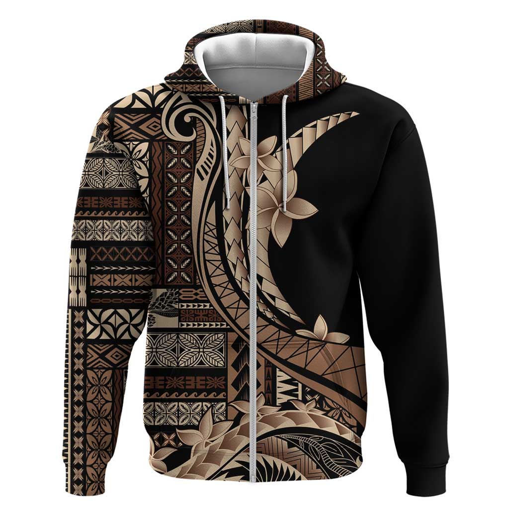 Samoa Siapo Mamanu Zip Hoodie Plumeria Black Motifs LT7 Zip Hoodie Black - Polynesian Pride