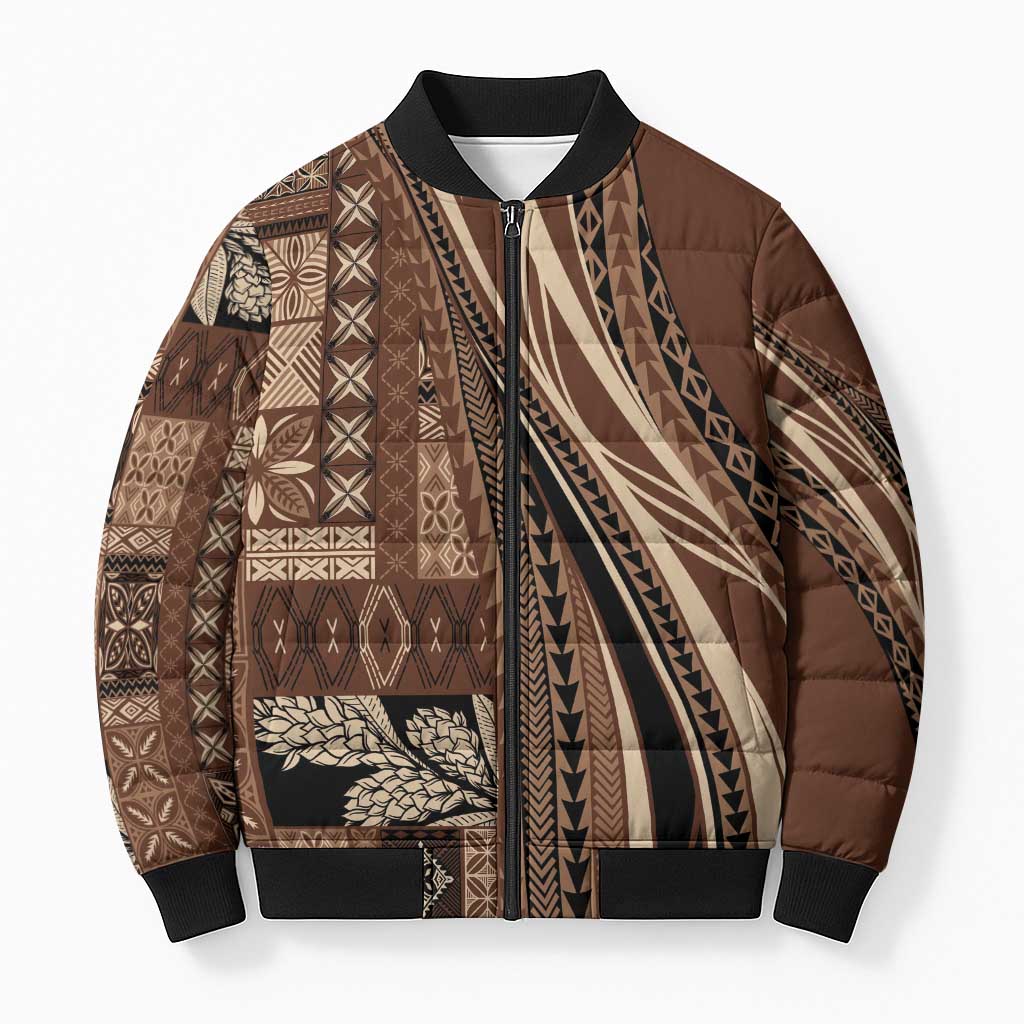 Pasifika Women's Day - Samoa Siapo Malu Tattoo Inspired Bomber Puffer Jacket Brown LT7 Unisex Brown - Polynesian Pride