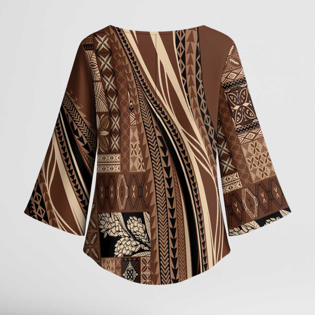 Pasifika Women's Day - Samoa Siapo Malu Tattoo Inspired Kimono Sleeve Blouse Brown LT7 - Polynesian Pride