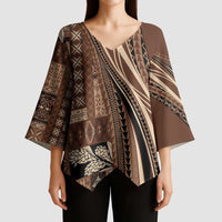 Pasifika Women's Day - Samoa Siapo Malu Tattoo Inspired Kimono Sleeve Blouse Brown LT7 - Polynesian Pride