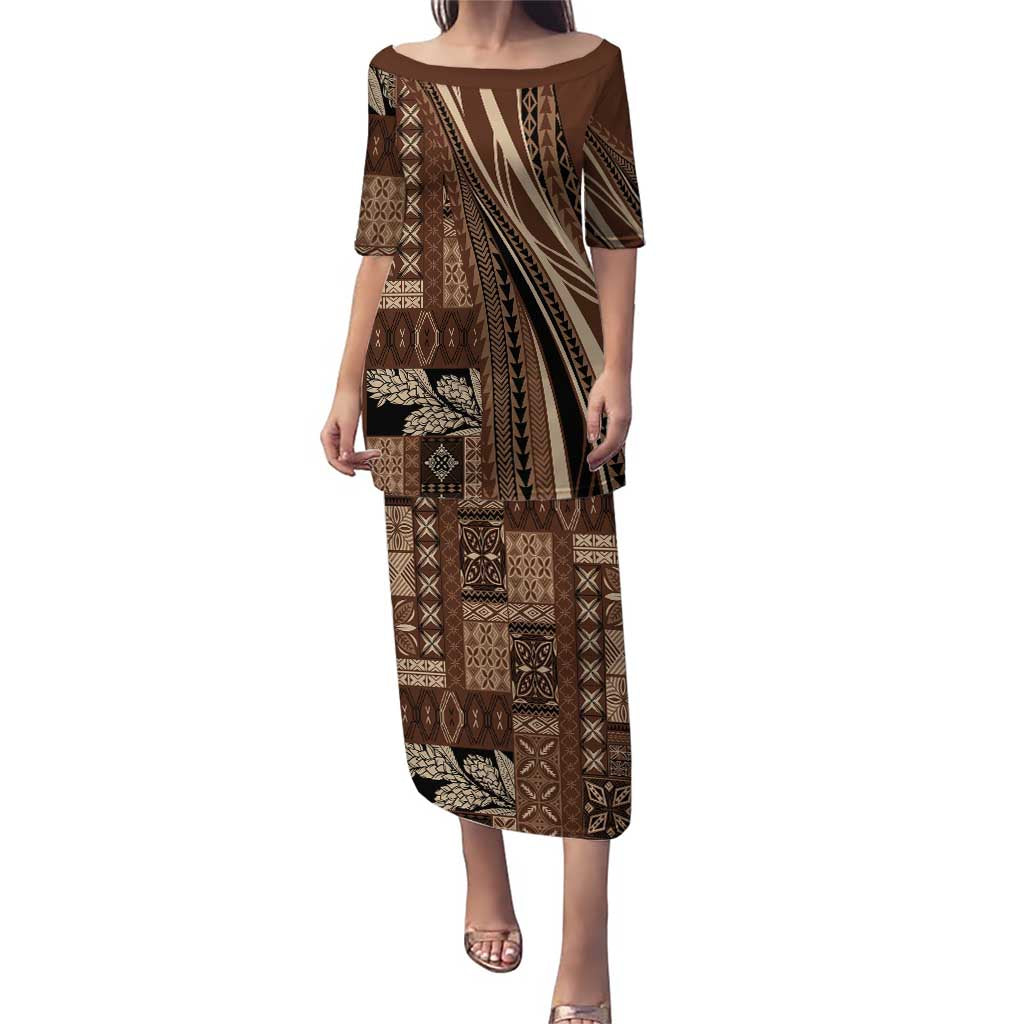 Pasifika Women's Day - Samoa Siapo Malu Tattoo Inspired Puletasi Brown LT7 Long Dress Brown - Polynesian Pride