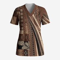 Pasifika Women's Day - Samoa Siapo Malu Tattoo Inspired Scrub Top Brown LT7 Adult Brown - Polynesian Pride