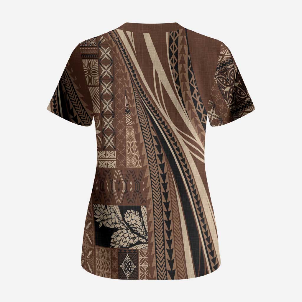 Pasifika Women's Day - Samoa Siapo Malu Tattoo Inspired Scrub Top Brown LT7 - Polynesian Pride