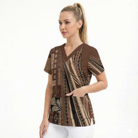 Pasifika Women's Day - Samoa Siapo Malu Tattoo Inspired Scrub Top Brown LT7 - Polynesian Pride