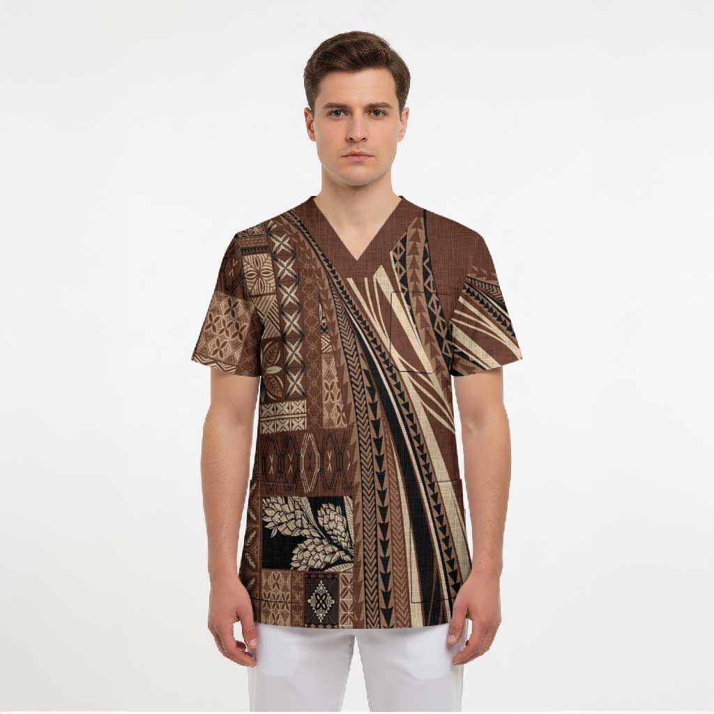 Pasifika Women's Day - Samoa Siapo Malu Tattoo Inspired Scrub Top Brown LT7 - Polynesian Pride