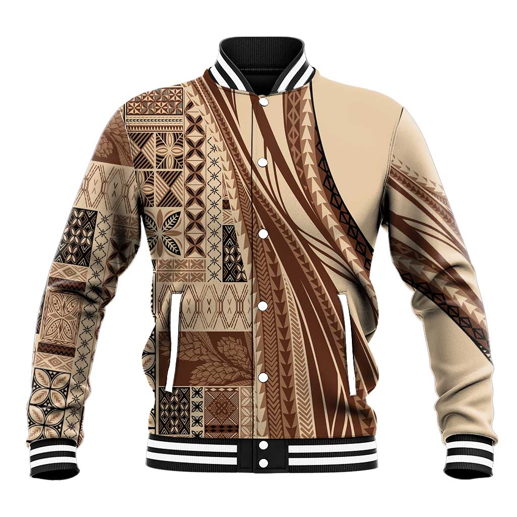 Pasifika Women's Day - Samoa Siapo Malu Tattoo Inspired Baseball Jacket Beige LT7 Unisex Beige - Polynesian Pride