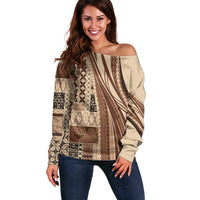 Pasifika Women's Day - Samoa Siapo Malu Tattoo Inspired Off Shoulder Sweater Beige LT7 Women Beige - Polynesian Pride
