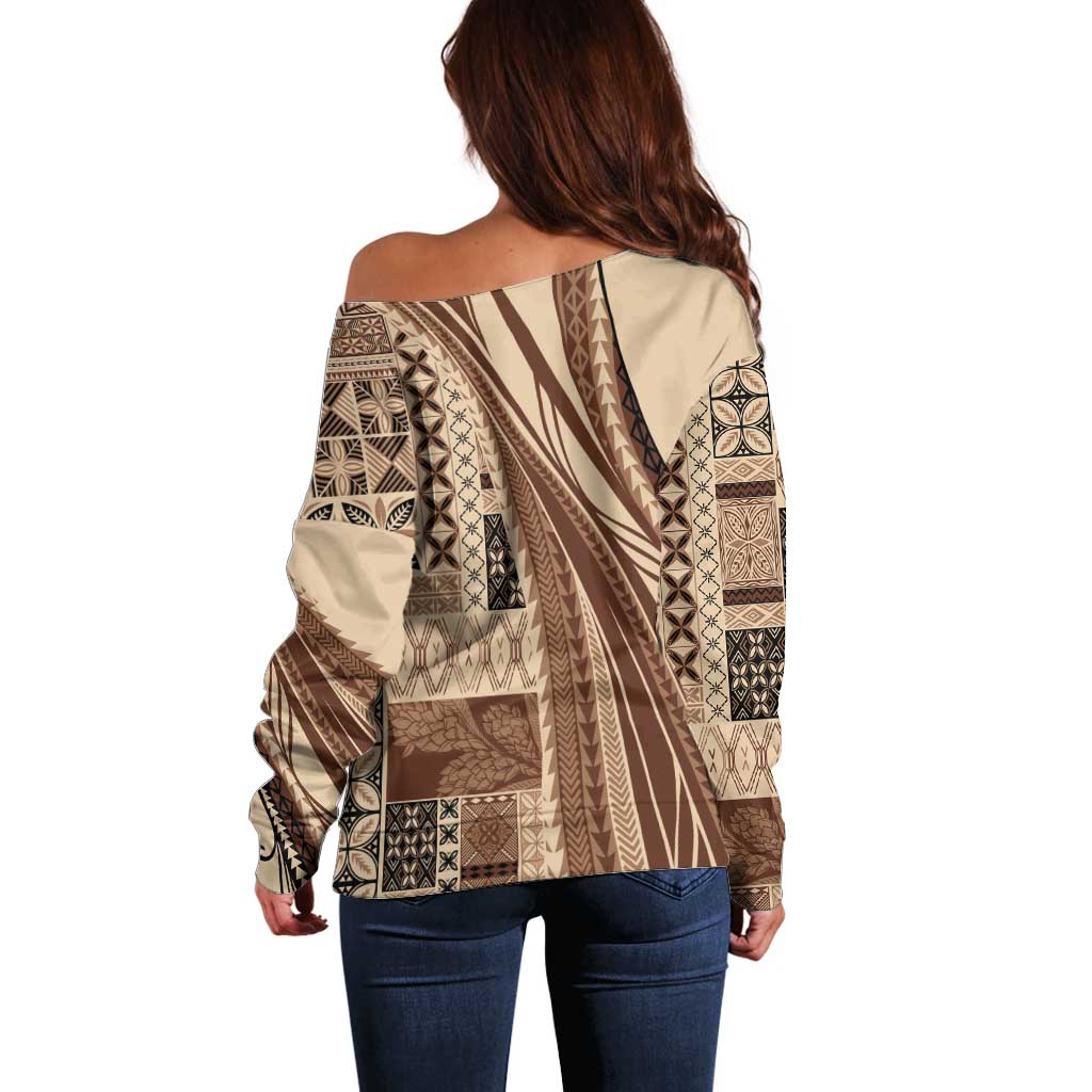 Pasifika Women's Day - Samoa Siapo Malu Tattoo Inspired Off Shoulder Sweater Beige LT7 - Polynesian Pride