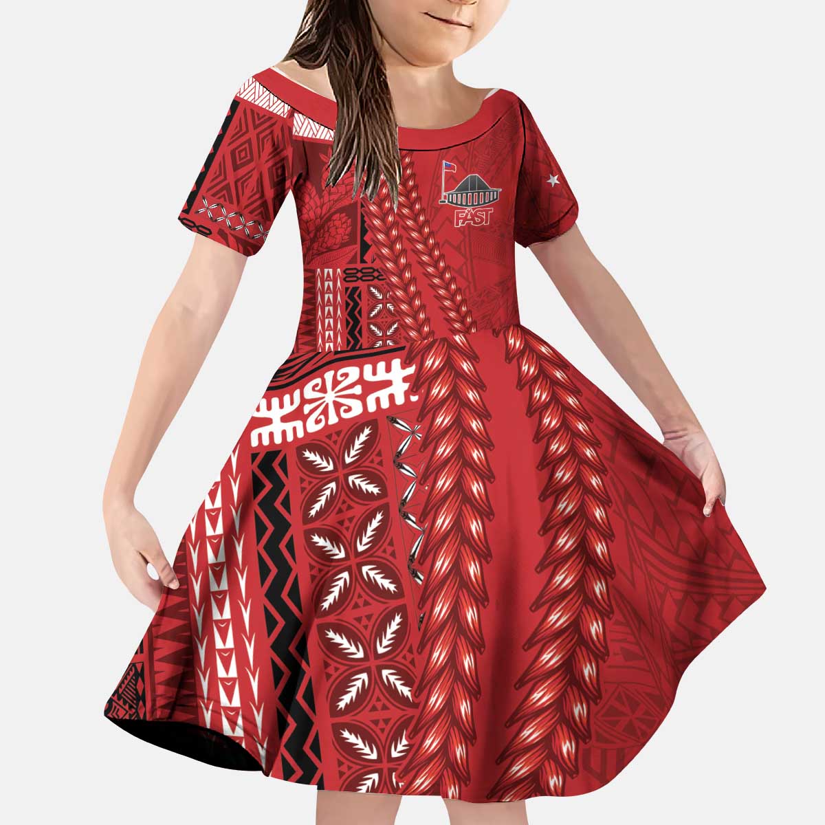 Samoa FAST Siapo Kid Short Sleeve Dress Tatau-Ulafala Vines LT7 KID Red - Polynesian Pride