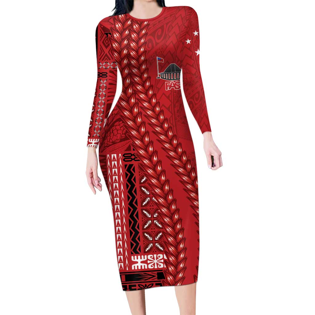 Samoa FAST Siapo Long Sleeve Bodycon Dress Tatau-Ulafala Vines LT7 Long Dress Red - Polynesian Pride