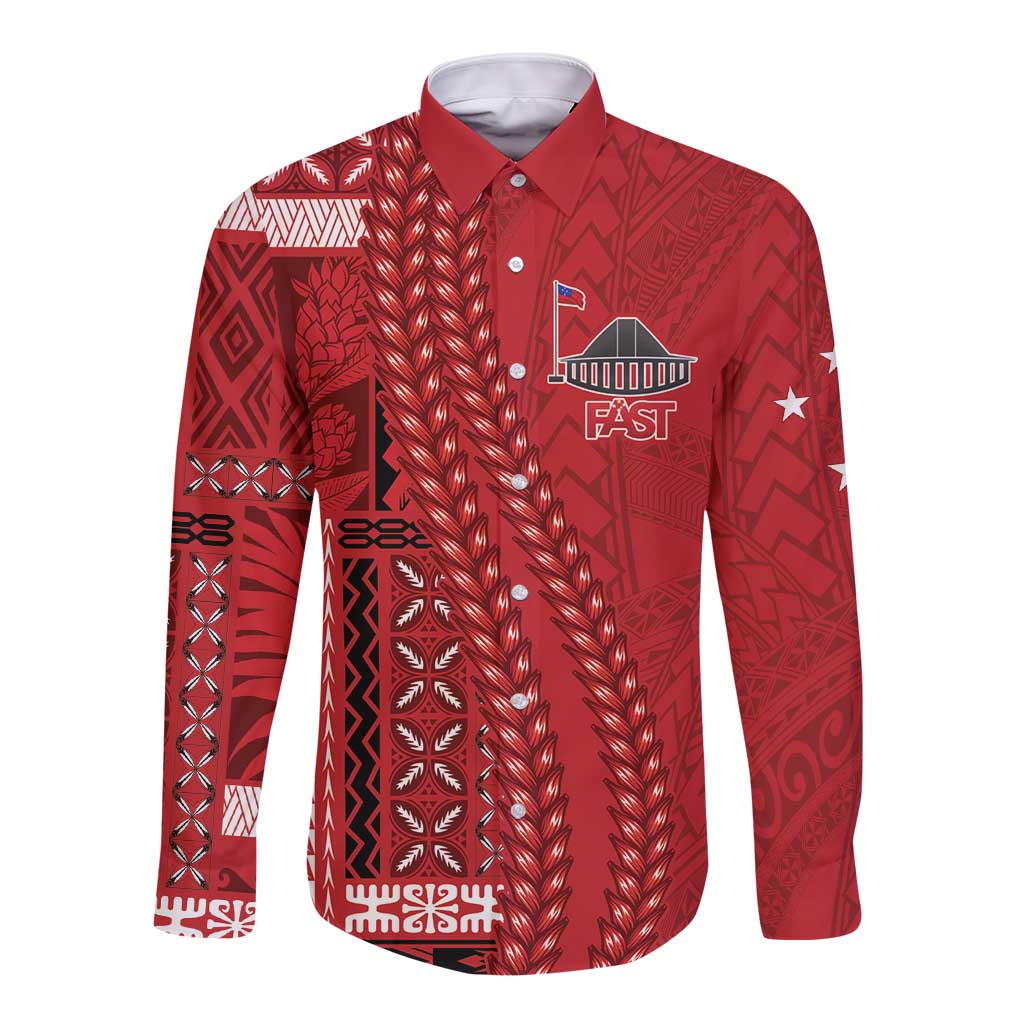 Samoa FAST Siapo Long Sleeve Button Shirt Tatau-Ulafala Vines LT7 Unisex Red - Polynesian Pride