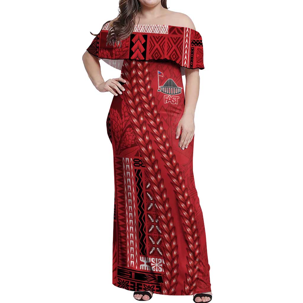 Samoa FAST Siapo Off Shoulder Maxi Dress Tatau-Ulafala Vines LT7 Women Red - Polynesian Pride