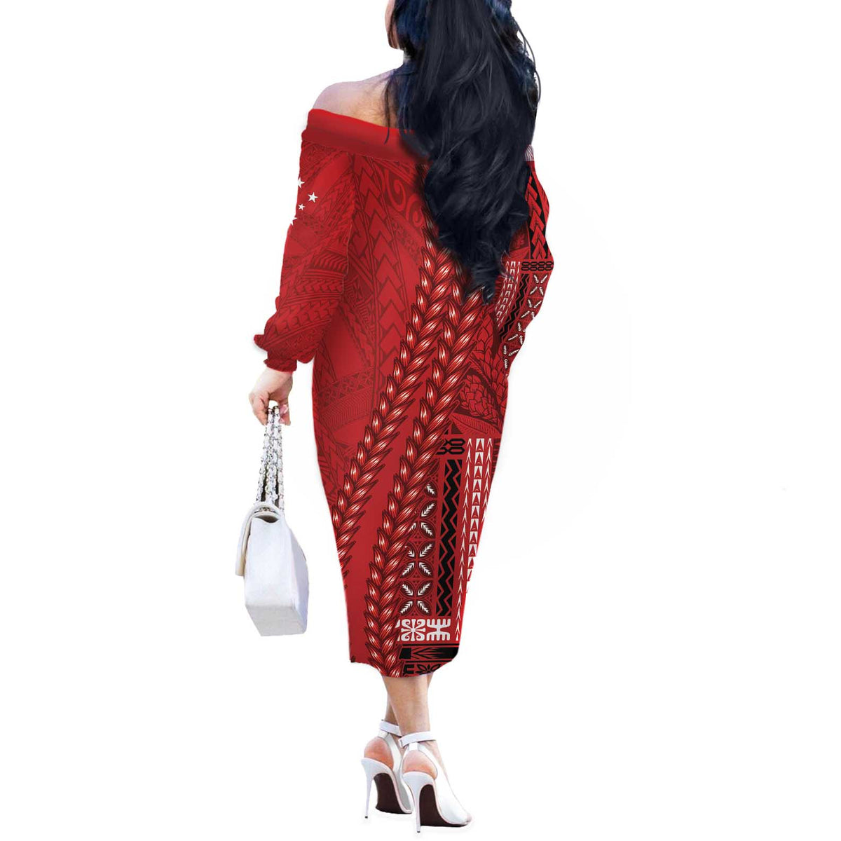Samoa FAST Siapo Off The Shoulder Long Sleeve Dress Tatau-Ulafala Vines LT7 - Polynesian Pride