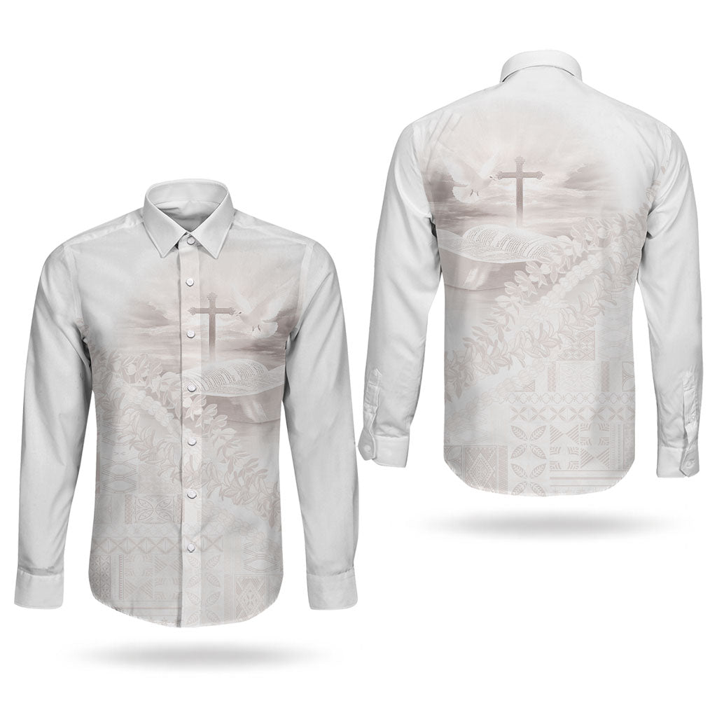 Samoa Lotu Tamaiti White Prayers Couples Matching Summer Maxi Dress and Long Sleeve Button Shirt Floral Mamanu Siapo LT7 - Polynesian Pride