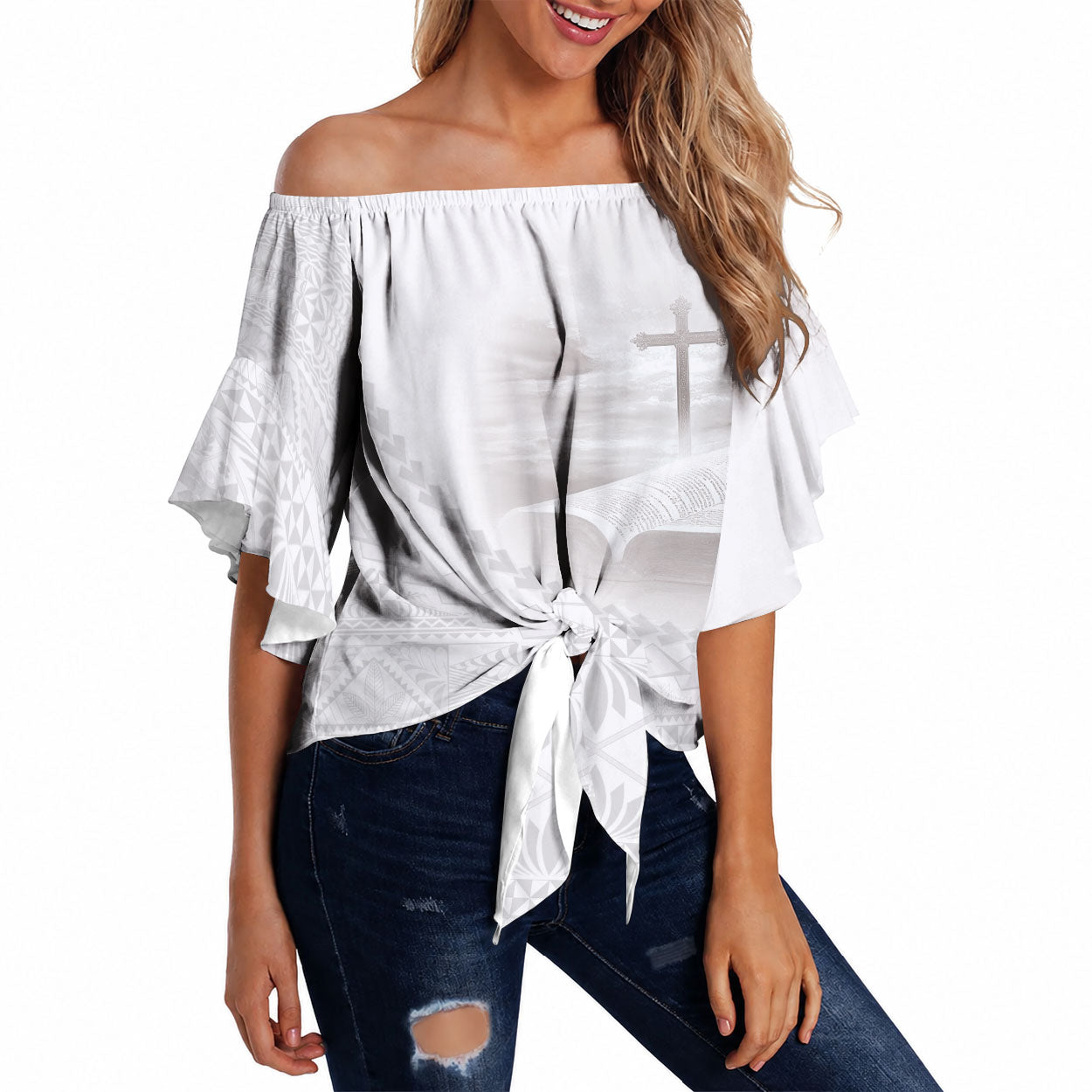Tonga White Sunday Fakame Off Shoulder Wrap Waist Top Tokelaufeletoa Kupesi LT7 White - Polynesian Pride