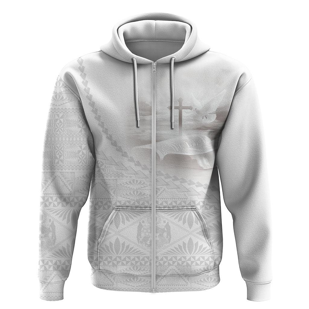 Tonga White Sunday Fakame Zip Hoodie Tokelaufeletoa Kupesi LT7 Zip Hoodie White - Polynesian Pride
