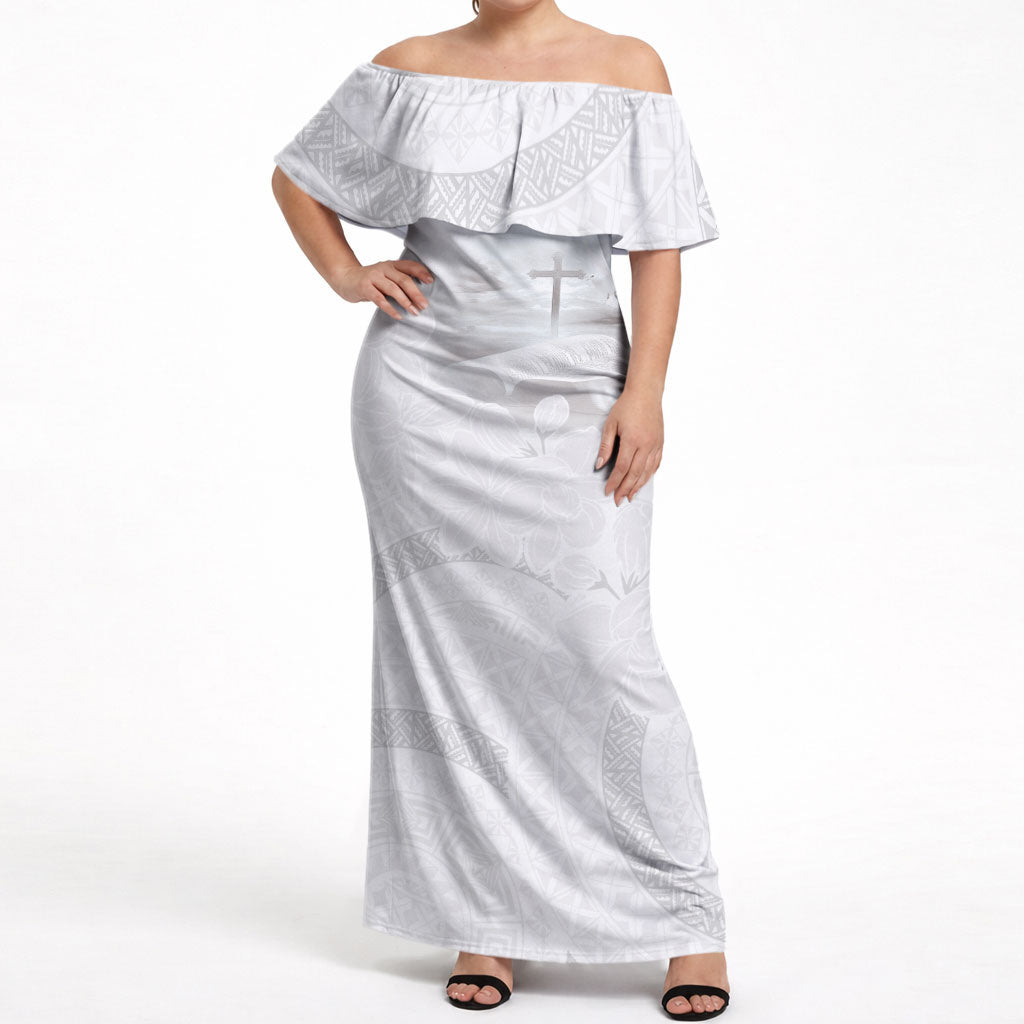 Niue White Sunday Tapu Fanau Off Shoulder Maxi Dress Fiti Pua Mix Hiapo Tapa LT7 Women White - Polynesian Pride