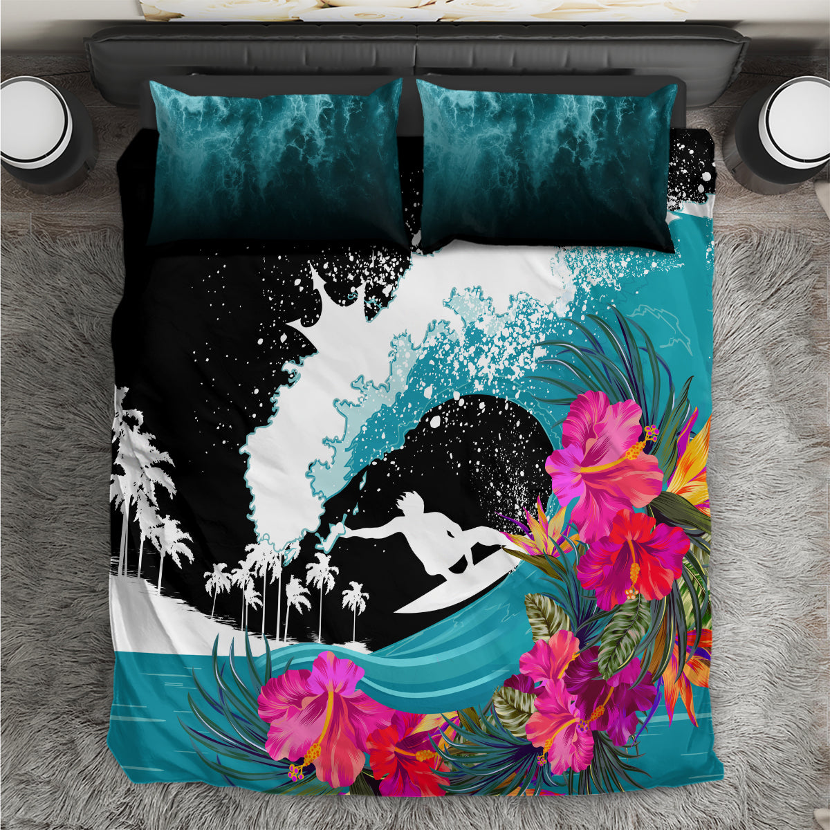 Hawaii Surfing Bedding Set Triple Crown Rides The Waves LT7 Black - Polynesian Pride