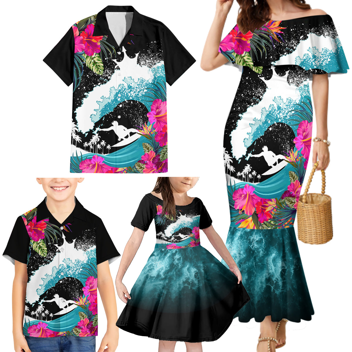 Hawaii Surfing Family Matching Mermaid Dress and Hawaiian Shirt Triple Crown Rides The Waves LT7 - Polynesian Pride