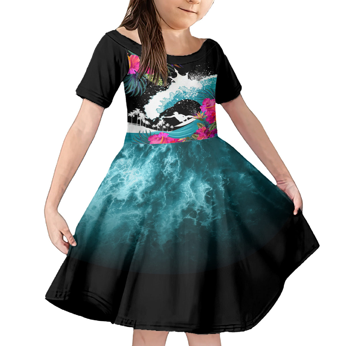 Hawaii Surfing Kid Short Sleeve Dress Triple Crown Rides The Waves LT7 KID Black - Polynesian Pride