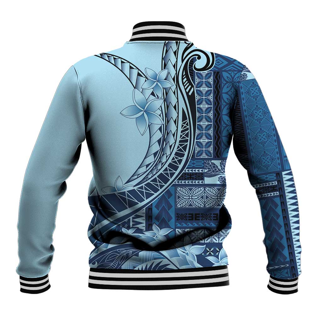 Samoa Siapo Mamanu Baseball Jacket Plumeria Navy Blue Motifs LT7 - Polynesian Pride