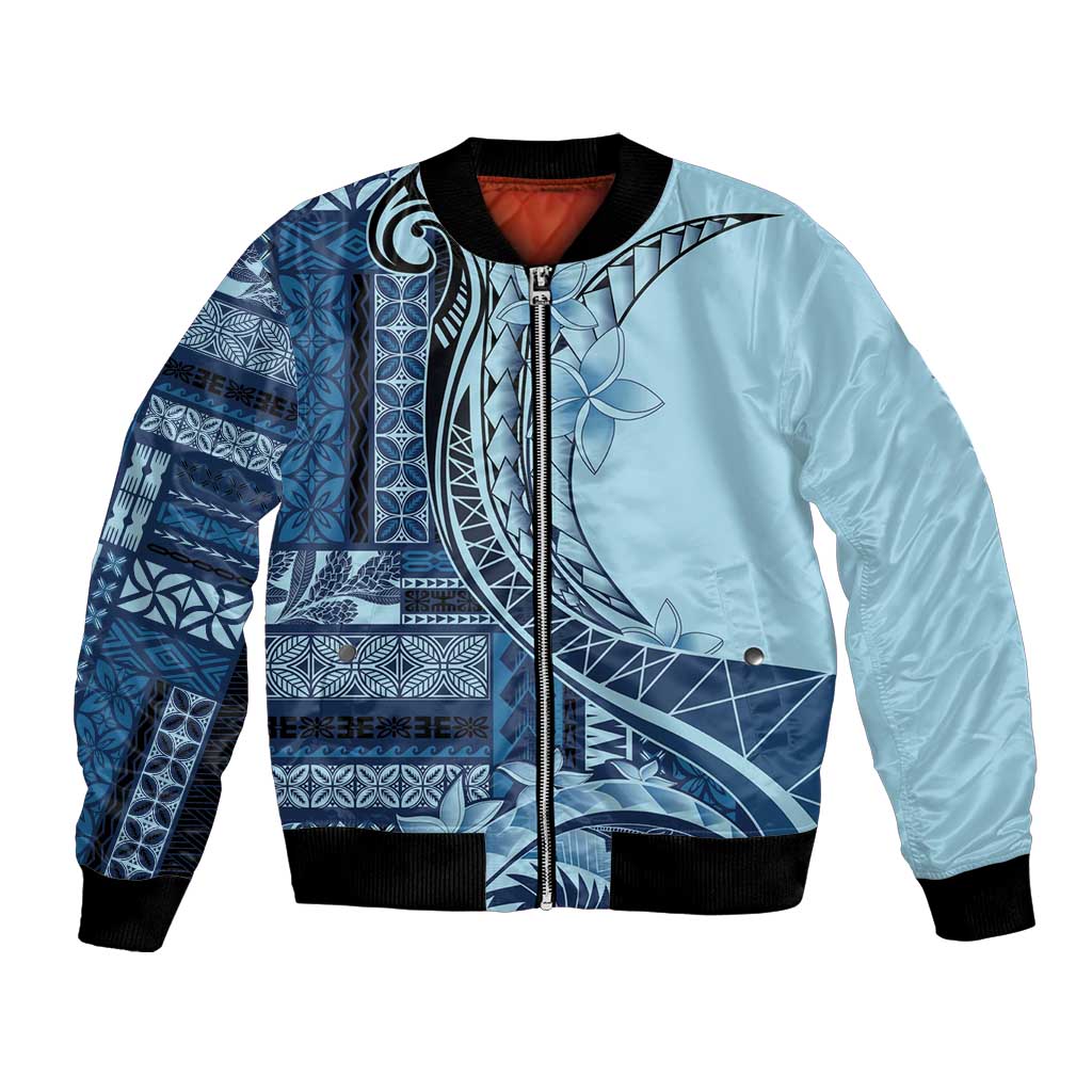Samoa Siapo Mamanu Bomber Jacket Plumeria Navy Blue Motifs LT7 Unisex Blue - Polynesian Pride