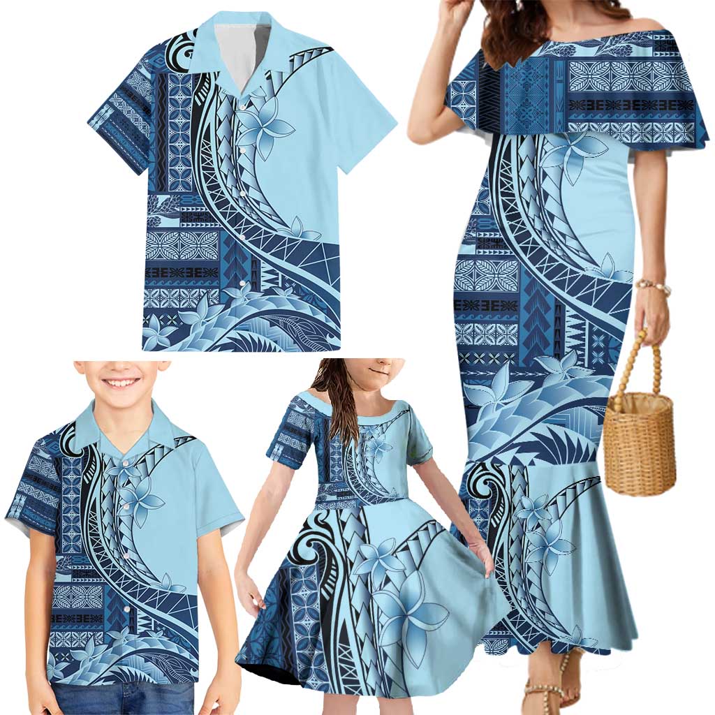 Samoa Siapo Mamanu Family Matching Mermaid Dress and Hawaiian Shirt Plumeria Navy Blue Motifs