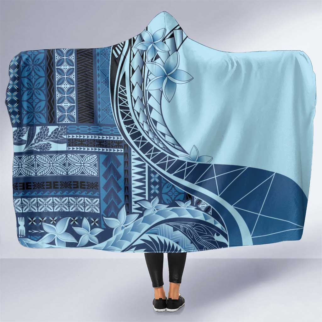 Samoa Siapo Mamanu Hooded Blanket Plumeria Navy Blue Motifs LT7 One Size Blue - Polynesian Pride