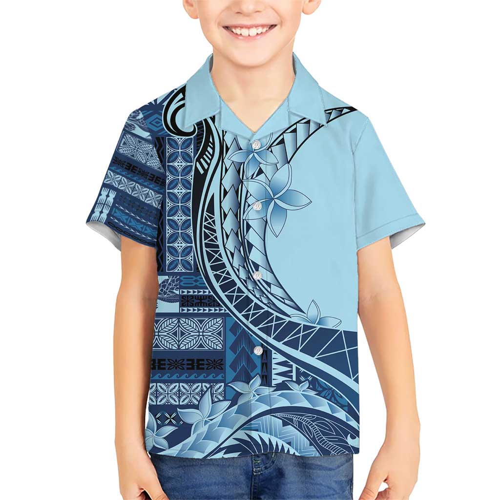 Samoa Siapo Mamanu Kid Hawaiian Shirt Plumeria Navy Blue Motifs LT7 Kid Blue - Polynesian Pride