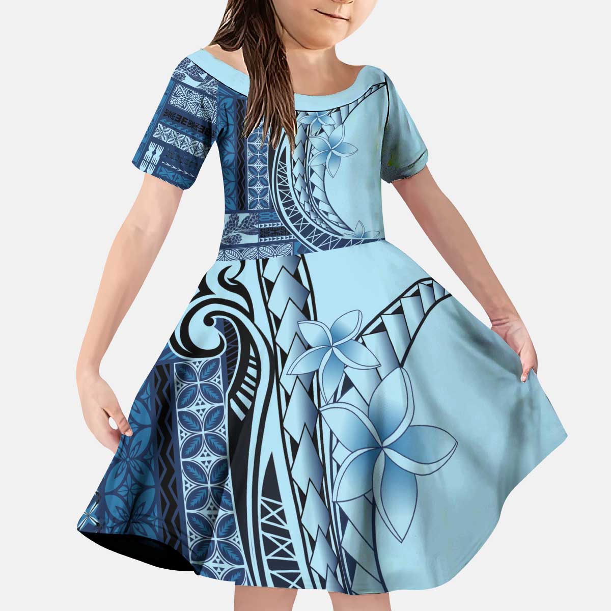 Samoa Siapo Mamanu Kid Short Sleeve Dress Plumeria Navy Blue Motifs LT7 KID Blue - Polynesian Pride