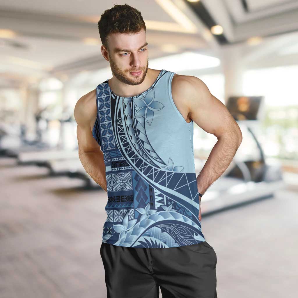 Samoa Siapo Mamanu Men Tank Top Plumeria Navy Blue Motifs LT7 Blue - Polynesian Pride
