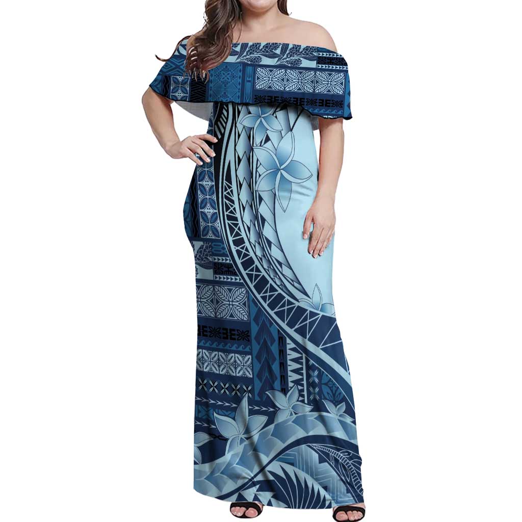 Samoa Siapo Mamanu Off Shoulder Maxi Dress Plumeria Navy Blue Motifs LT7 Women Blue - Polynesian Pride