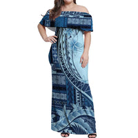 Samoa Siapo Mamanu Off Shoulder Maxi Dress Plumeria Navy Blue Motifs LT7 Women Blue - Polynesian Pride