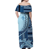 Samoa Siapo Mamanu Off Shoulder Maxi Dress Plumeria Navy Blue Motifs LT7 - Polynesian Pride