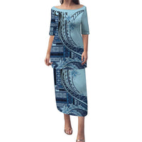 Samoa Siapo Mamanu Puletasi Plumeria Navy Blue Motifs LT7 Long Dress Blue - Polynesian Pride