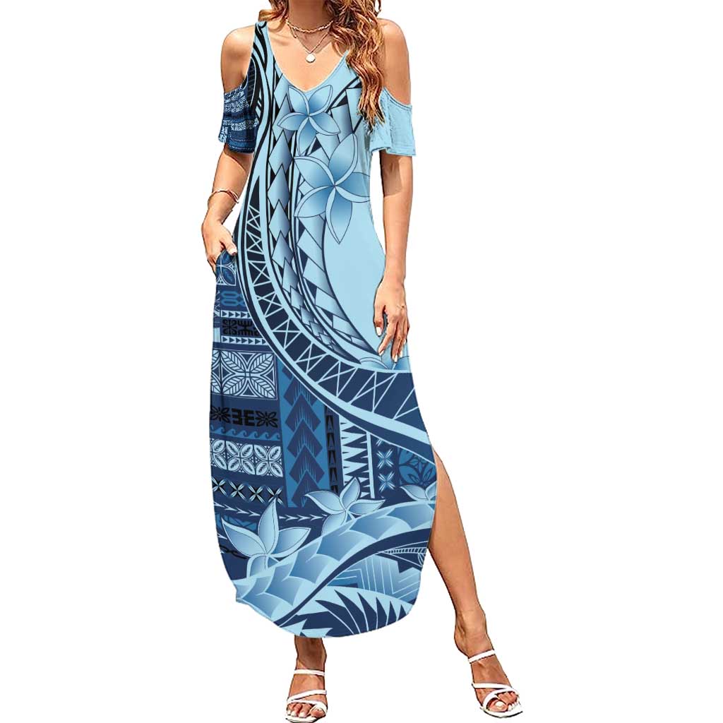 Samoa Siapo Mamanu Summer Maxi Dress Plumeria Navy Blue Motifs LT7 Women Blue - Polynesian Pride
