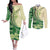 Samoa Siapo Mamanu Couples Matching Off The Shoulder Long Sleeve Dress and Long Sleeve Button Shirt Plumeria Emerald Motifs