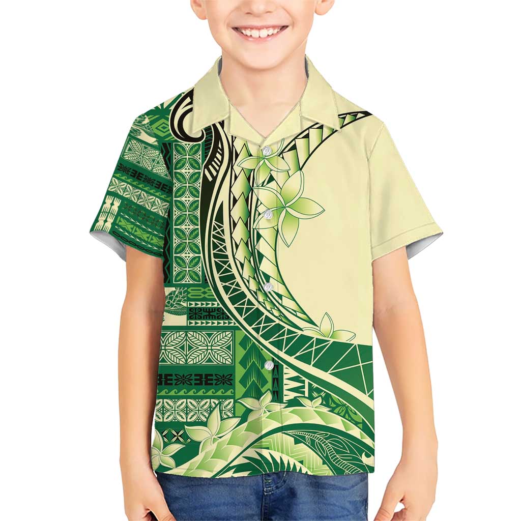 Samoa Siapo Mamanu Kid Hawaiian Shirt Plumeria Emerald Motifs LT7 Kid Green - Polynesian Pride