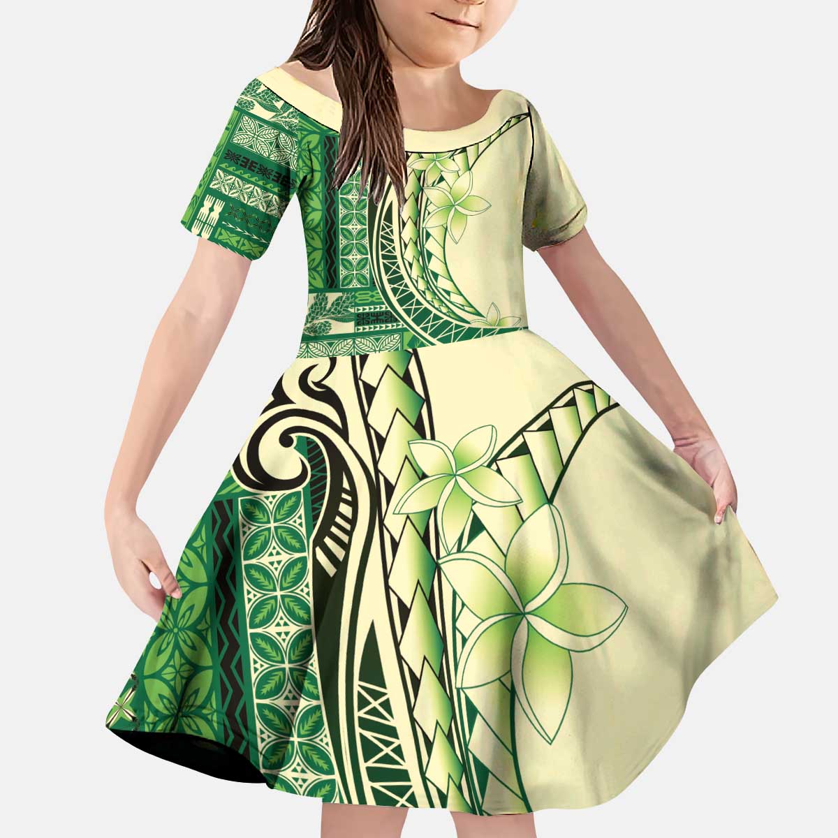 Samoa Siapo Mamanu Kid Short Sleeve Dress Plumeria Emerald Motifs