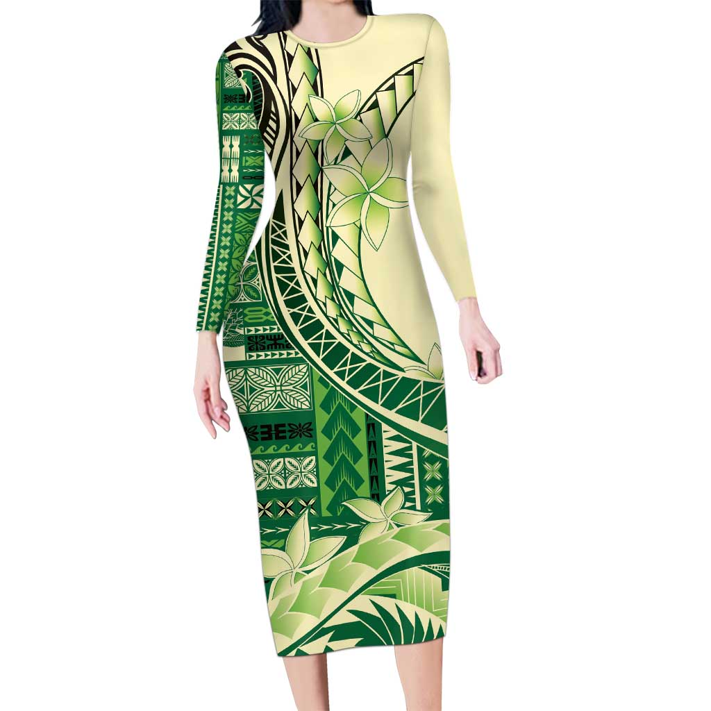 Samoa Siapo Mamanu Long Sleeve Bodycon Dress Plumeria Emerald Motifs LT7 Long Dress Green - Polynesian Pride