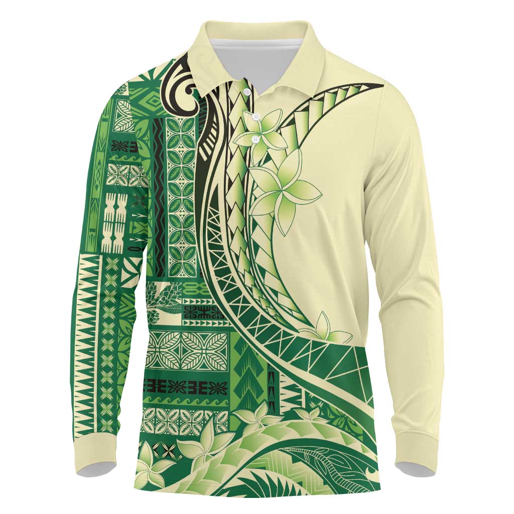 Samoa Siapo Mamanu Long Sleeve Polo Shirt Plumeria Emerald Motifs LT7 Green - Polynesian Pride